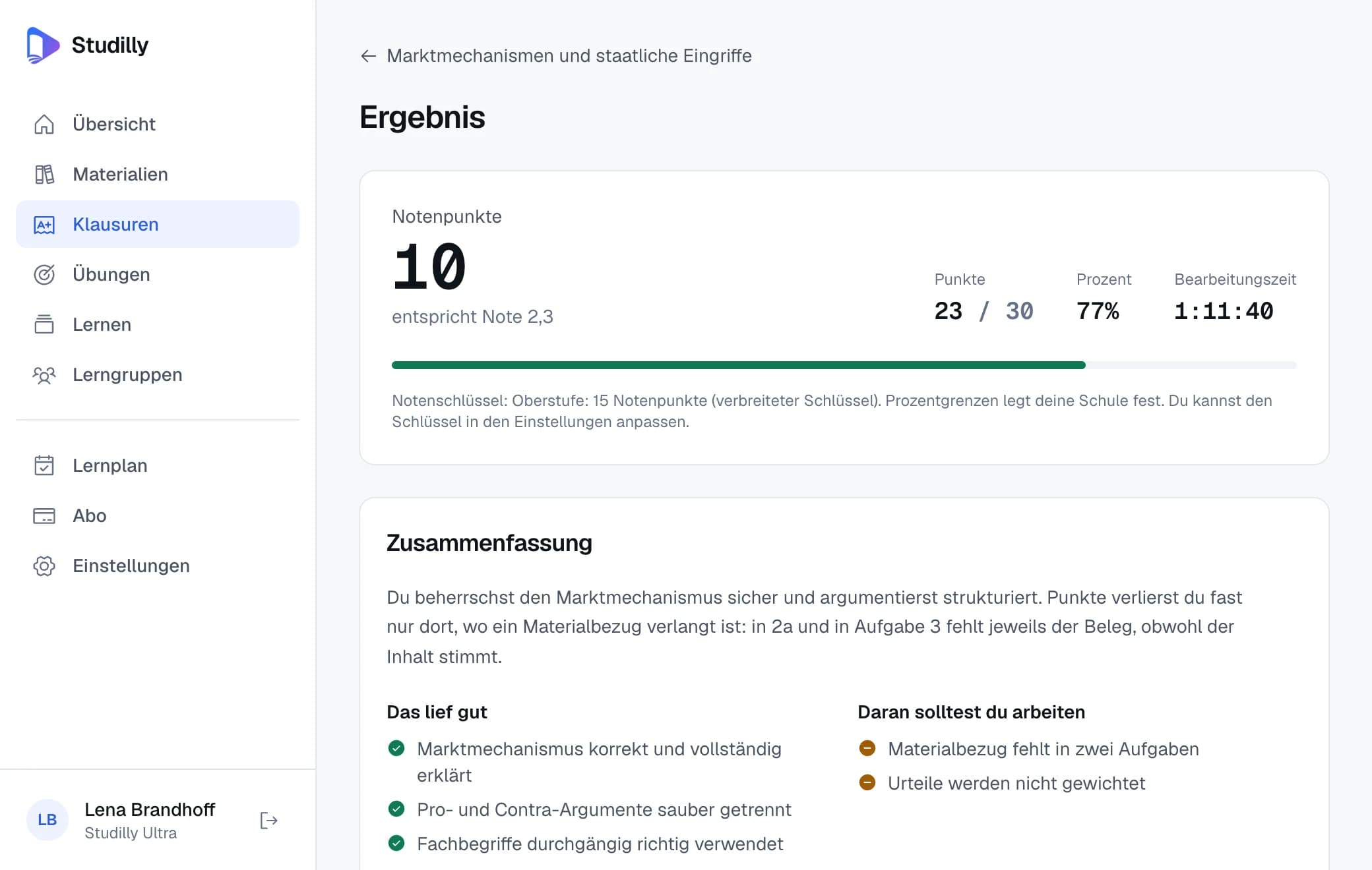 Ergebnisseite von Studilly: 10 Notenpunkte, 23 von 30 Punkten, Zusammenfassung und Aufgabenliste.